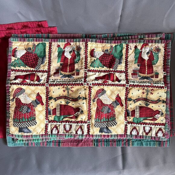 Set Of 6 Vintage Holiday Fabric Placemats With Santa Plaid & Textured Red Patter - Picture 3 of 4